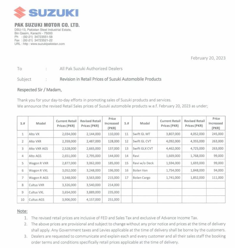 Pak suzuki new price rate list
